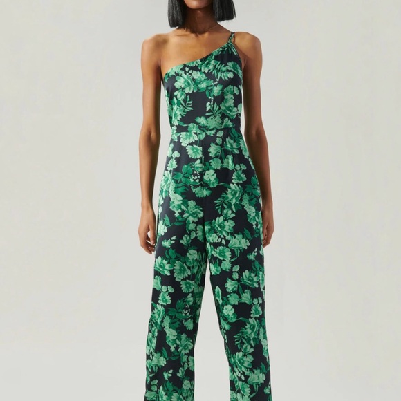 NWT SUGAR + LIPS • Botanical one shoulder Le Disko Satin Jumpsuit - Picture 1 of 9